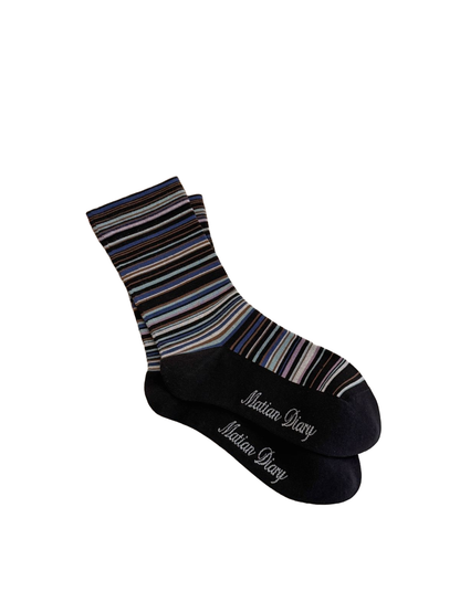 Black multicolor striped crew socks with contrasting toe and heel