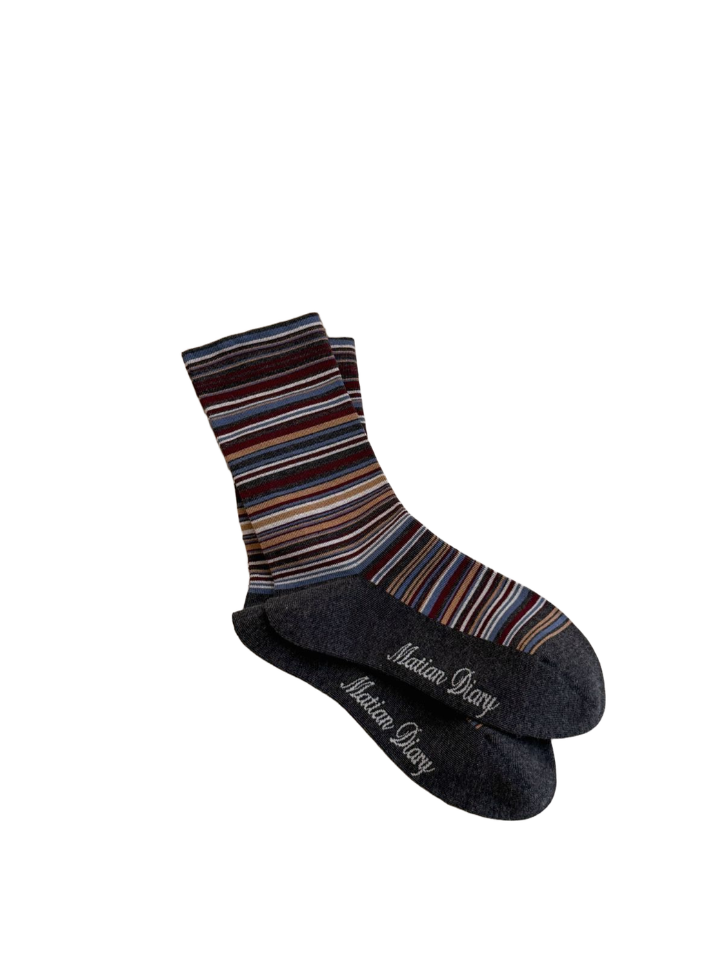 Dark Gray multicolor striped crew socks with contrasting toe and heel