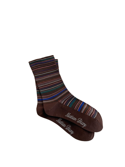 Brown multicolor striped crew socks with contrasting toe and heel
