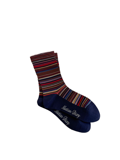 Navy multicolor striped crew socks with contrasting toe and heel