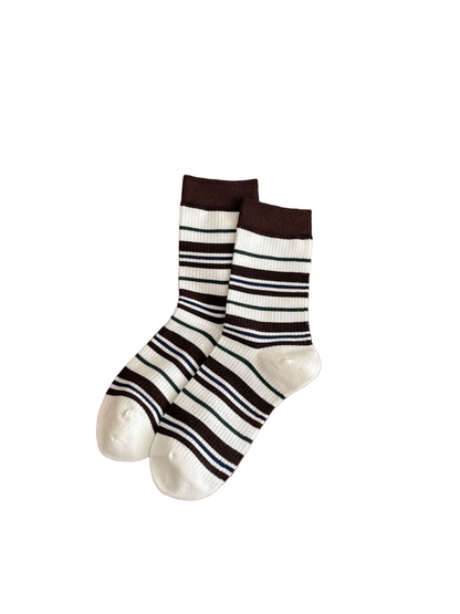 Narrow Stripes ivory and brown crew socks
