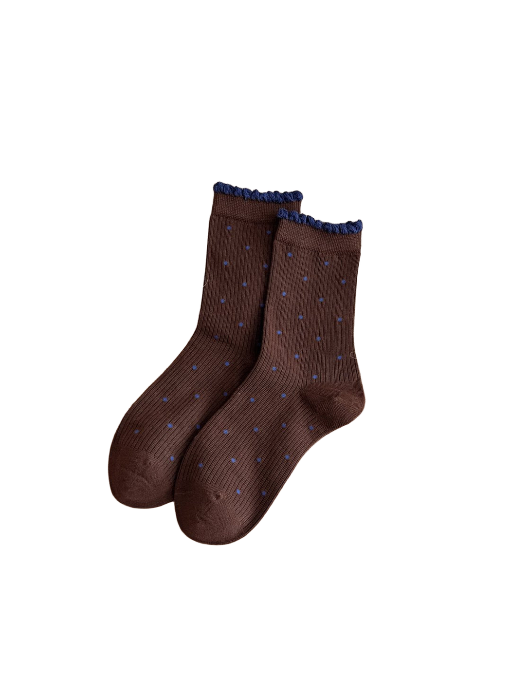Polka Dots brown crew socks with blue dots and ruffled cuffs