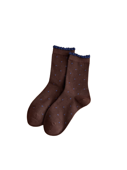 Polka Dots brown crew socks with blue dots and ruffled cuffs