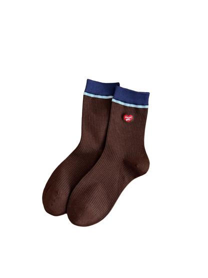 Heart Patch brown crew socks with blue cuff trim