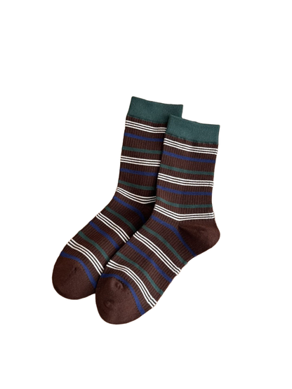 Multicolor Stripes brown crew socks with green, blue and ivory stripes