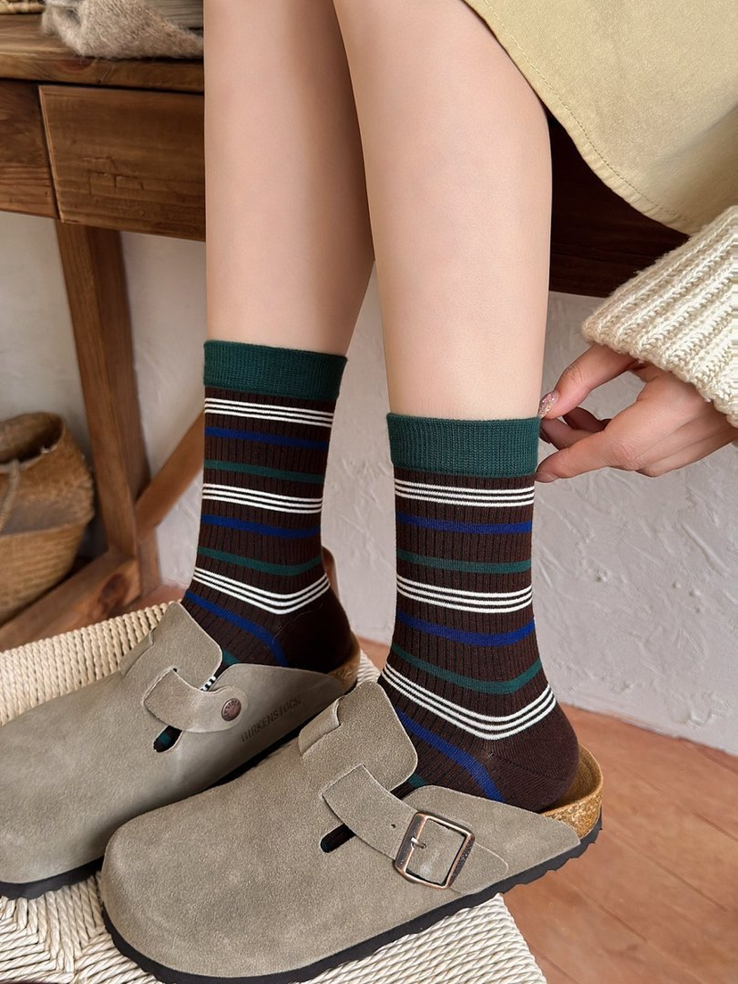 Multicolor Stripes brown crew socks worn with clogs