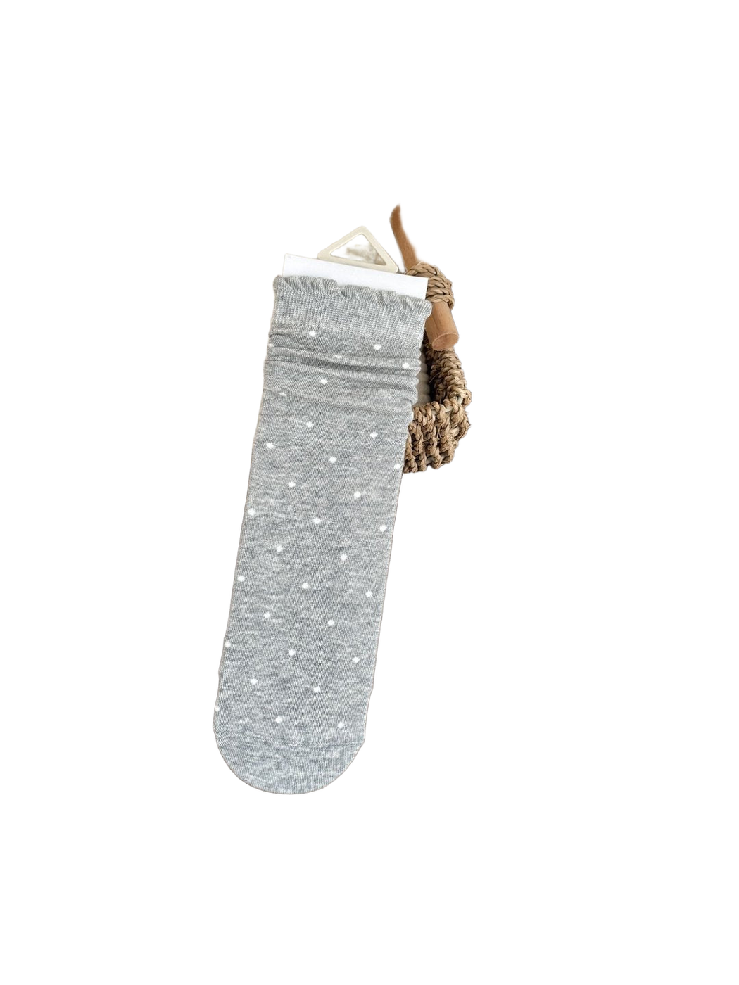 Polka Dots heather gray socks with white dots and a ruffled cuff edge
