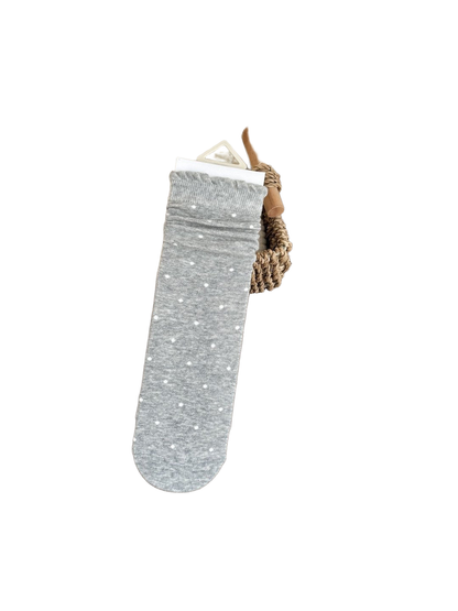 Polka Dots heather gray socks with white dots and a ruffled cuff edge