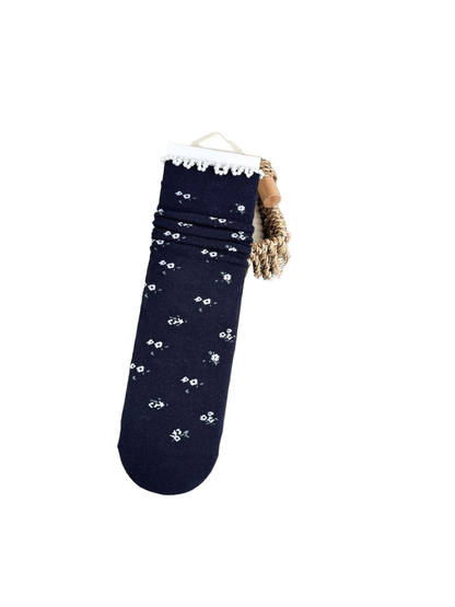 Floral Trim navy socks with small white flowers and looped cuff trim