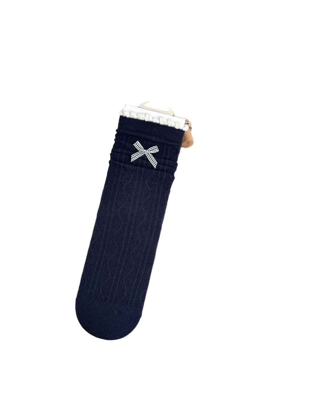 Gingham Bow navy socks with cable texture, bow accent and looped cuff trim