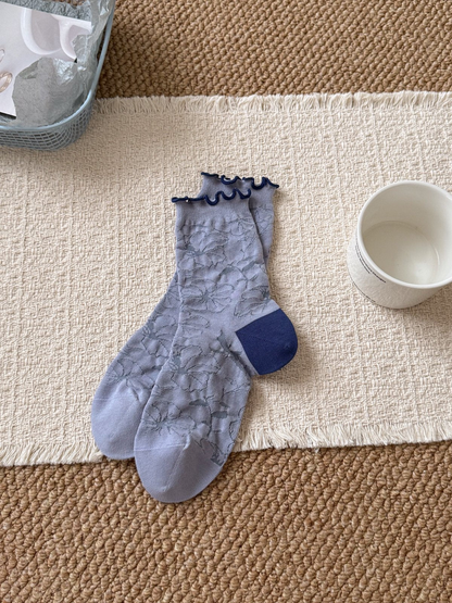 Tonal Floral blue crew socks with dark ruffled cuffs