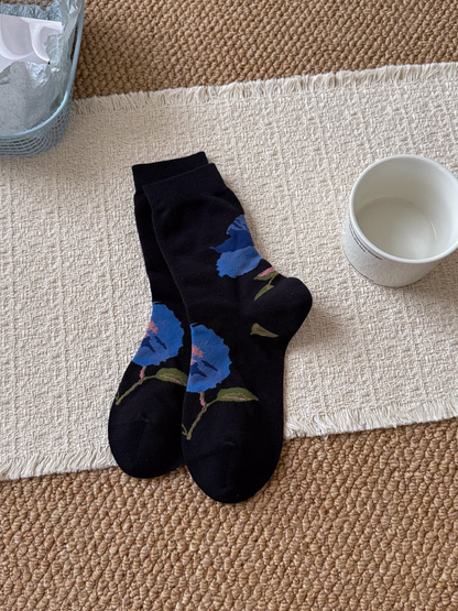 Large Floral black crew socks with oversized blue blossoms