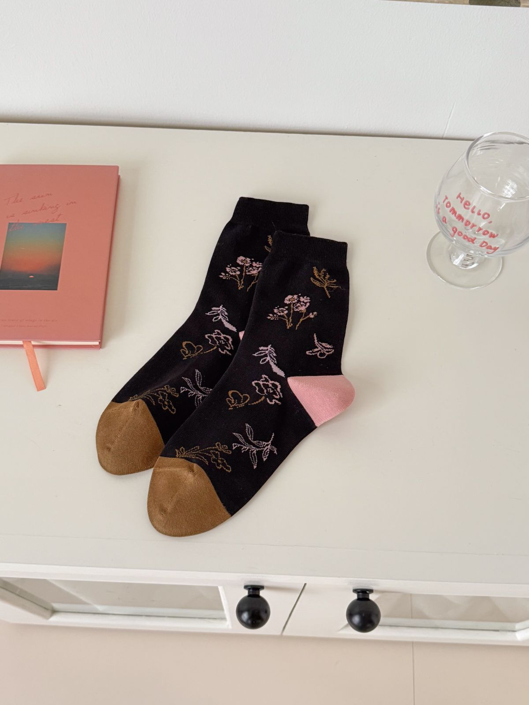 Botanical Outlines black crew socks with multicolor botanical motifs
