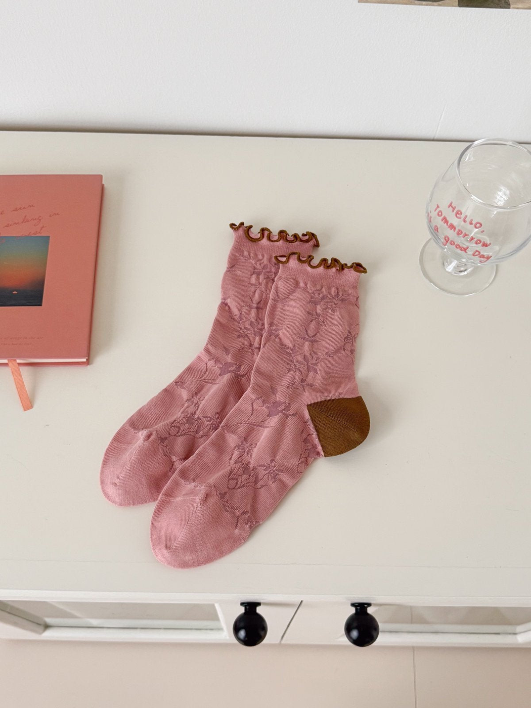 Ruffled Floral dusty pink crew socks with tonal flowers and wavy cuffs