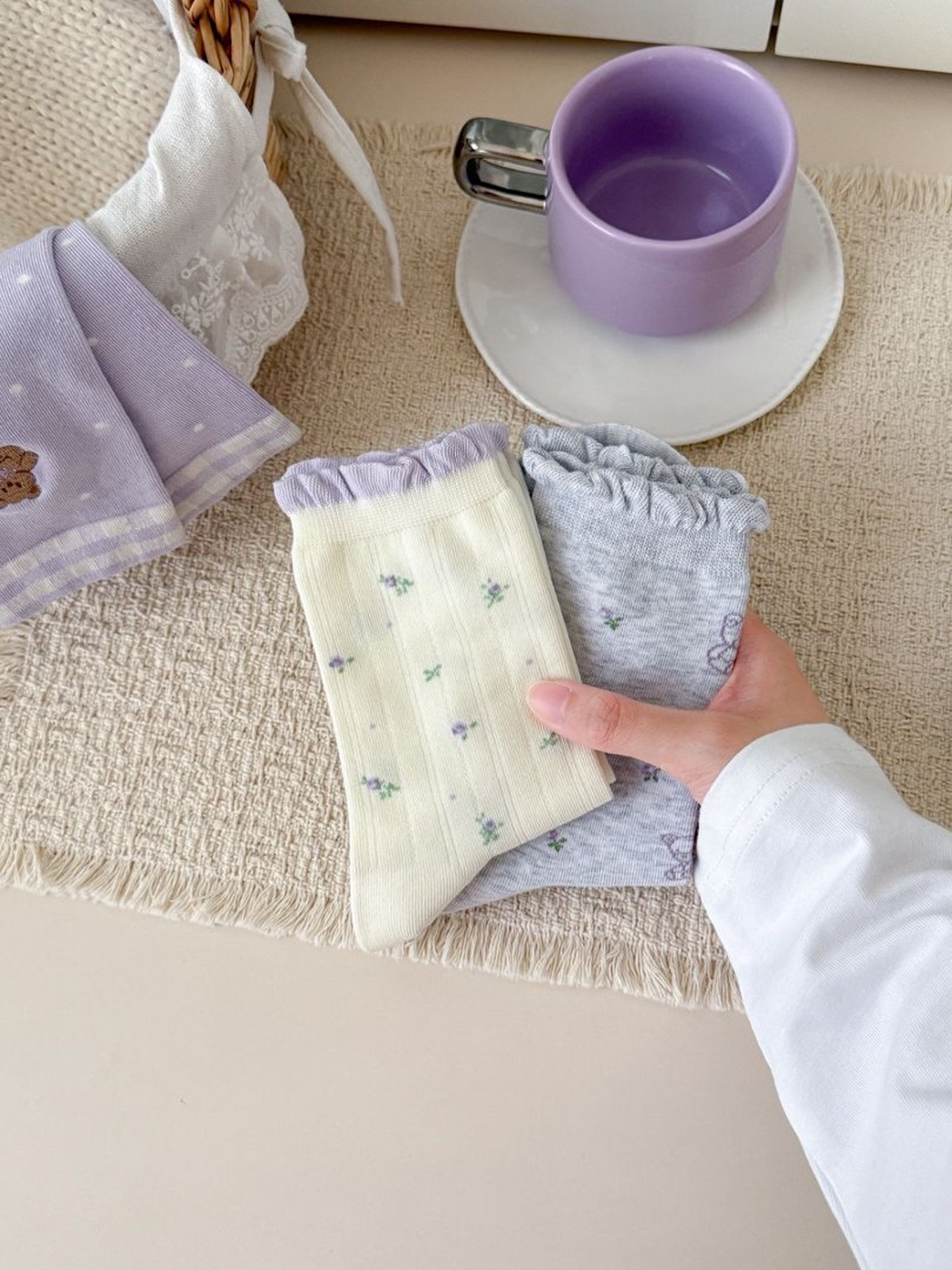 Ivory Tiny Floral and heather gray Outlined Bears socks held together