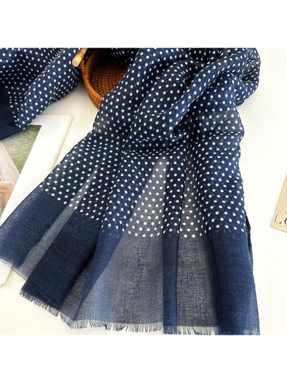 Close-up of navy polka dot pattern, plain border and fringed edge