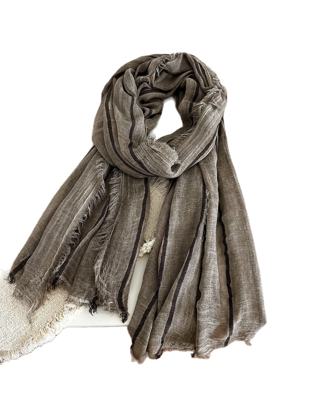 Dark Brown striped scarf with crinkled texture and fringed edges
