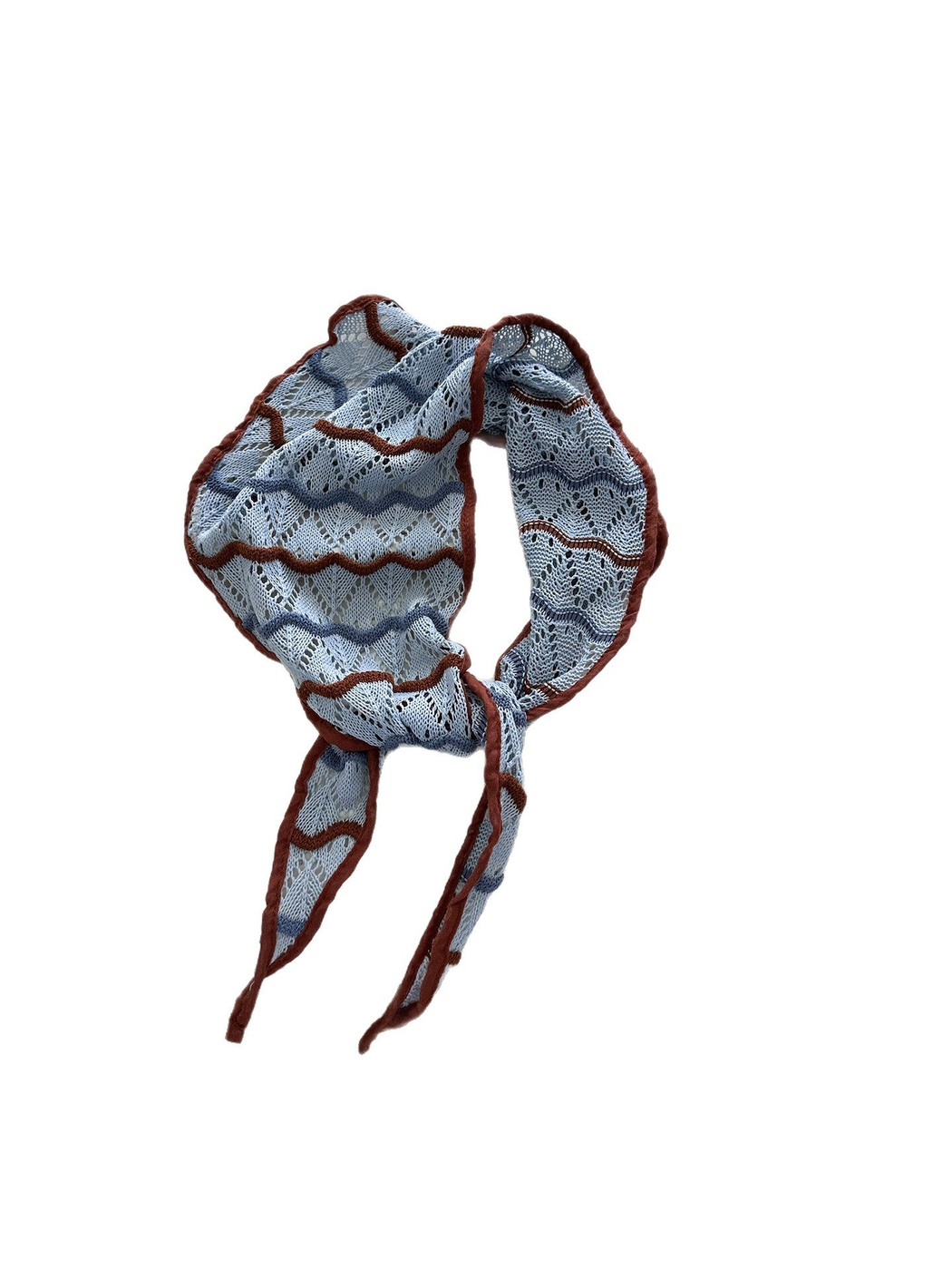 Light Blue openwork triangle scarf with rust edging and wavy stripes
