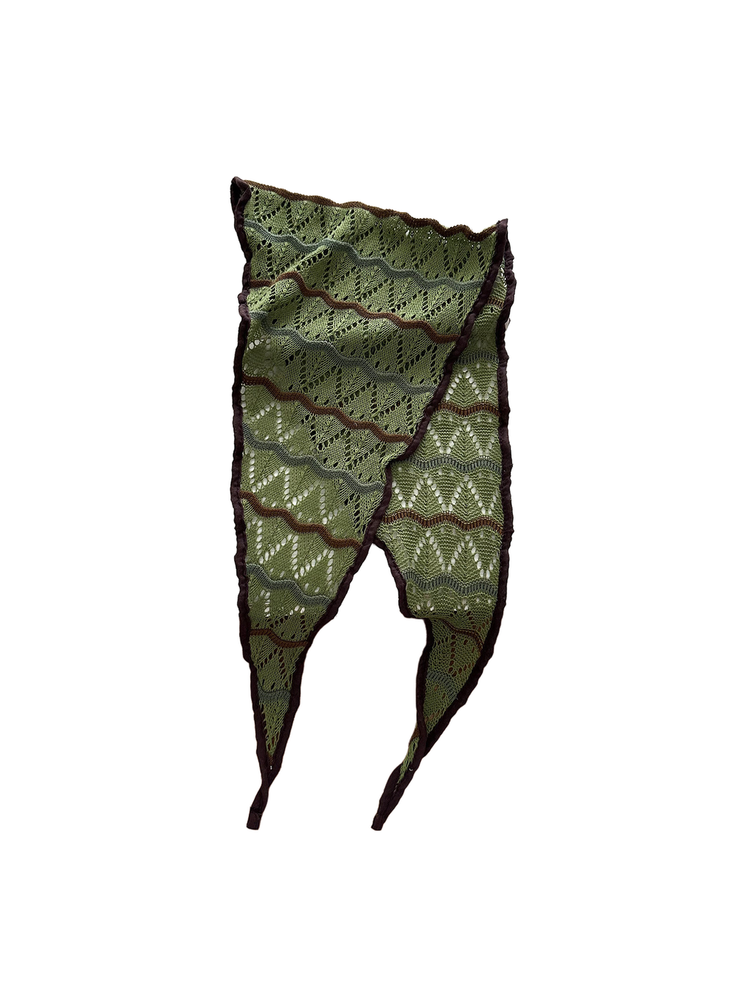 Green openwork triangle scarf with dark edging and pointed ends