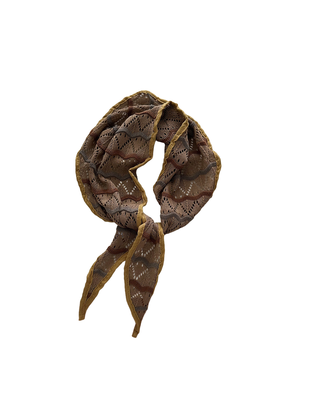 Coffee openwork triangle scarf with mustard edging and wavy stripes