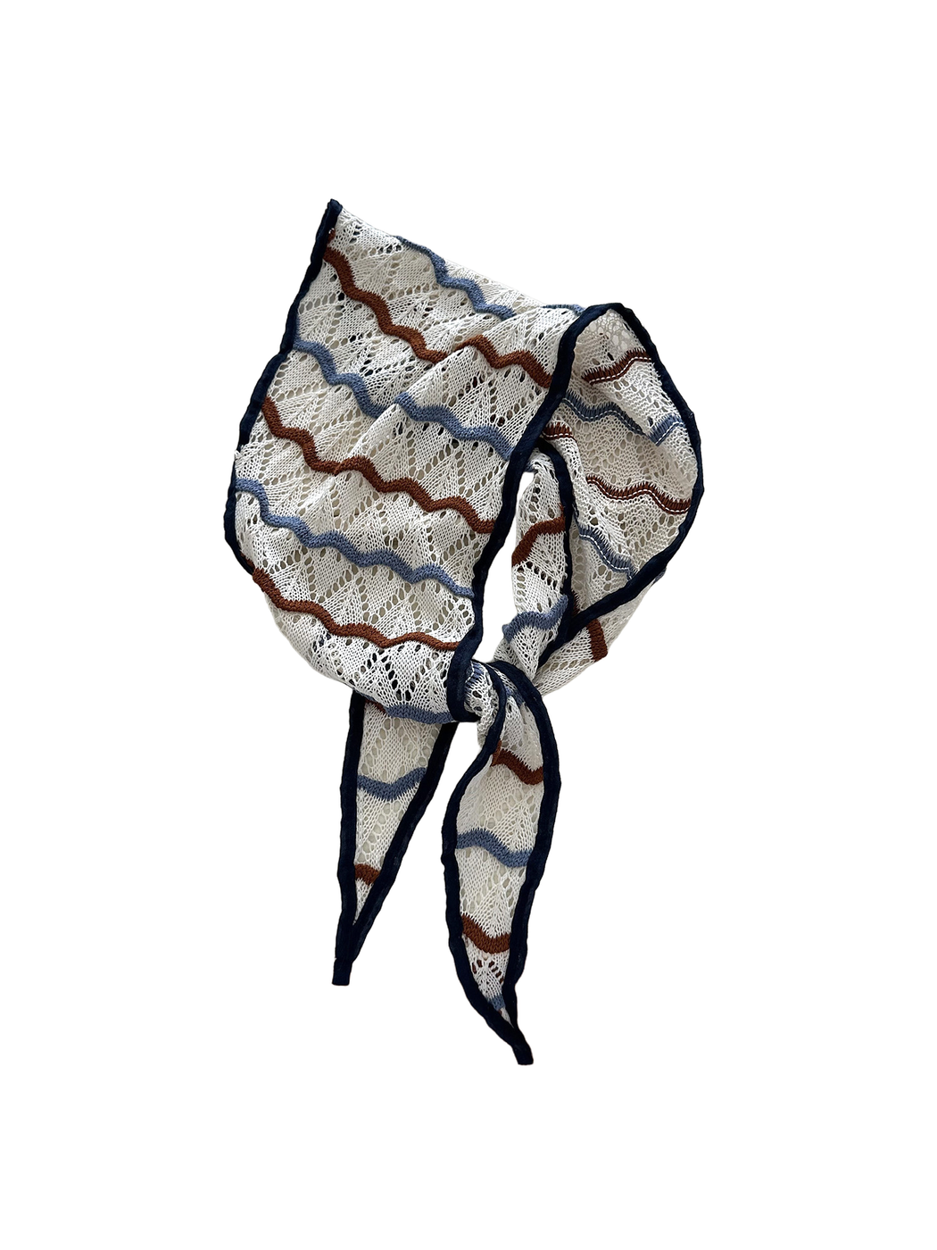 Ivory openwork triangle scarf with navy edging and wavy stripes