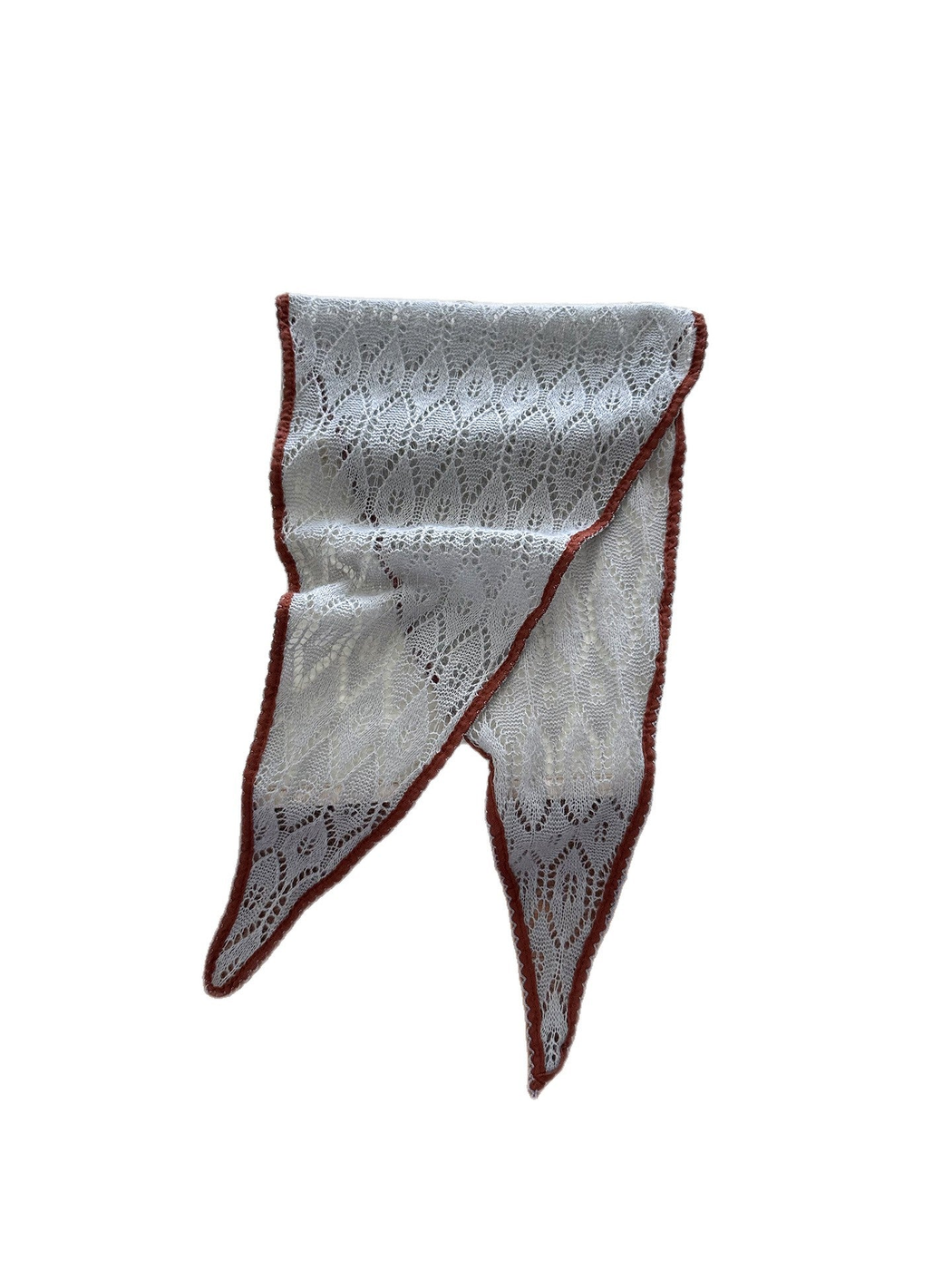 Light Gray openwork tapered scarf with rust-colored scalloped trim, full view