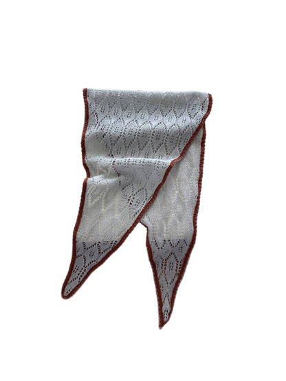 Light Gray openwork tapered scarf with rust-colored scalloped trim, full view