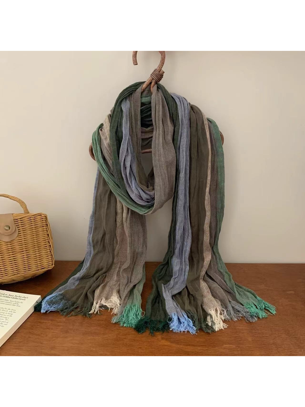 Crinkled multicolor scarf in sage, gray and pale blue tones with fringed ends