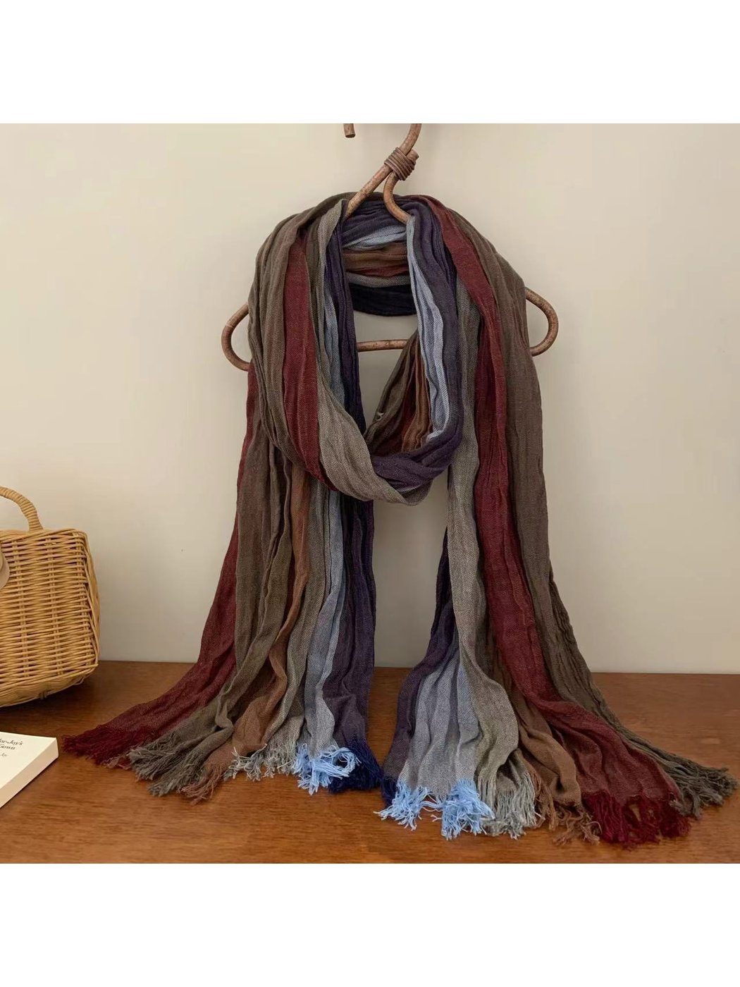 Crinkled multicolor scarf in burgundy, purple, blue and taupe tones with fringed ends