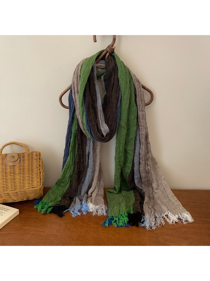 Crinkled multicolor scarf in green, blue, gray and charcoal tones with fringed ends