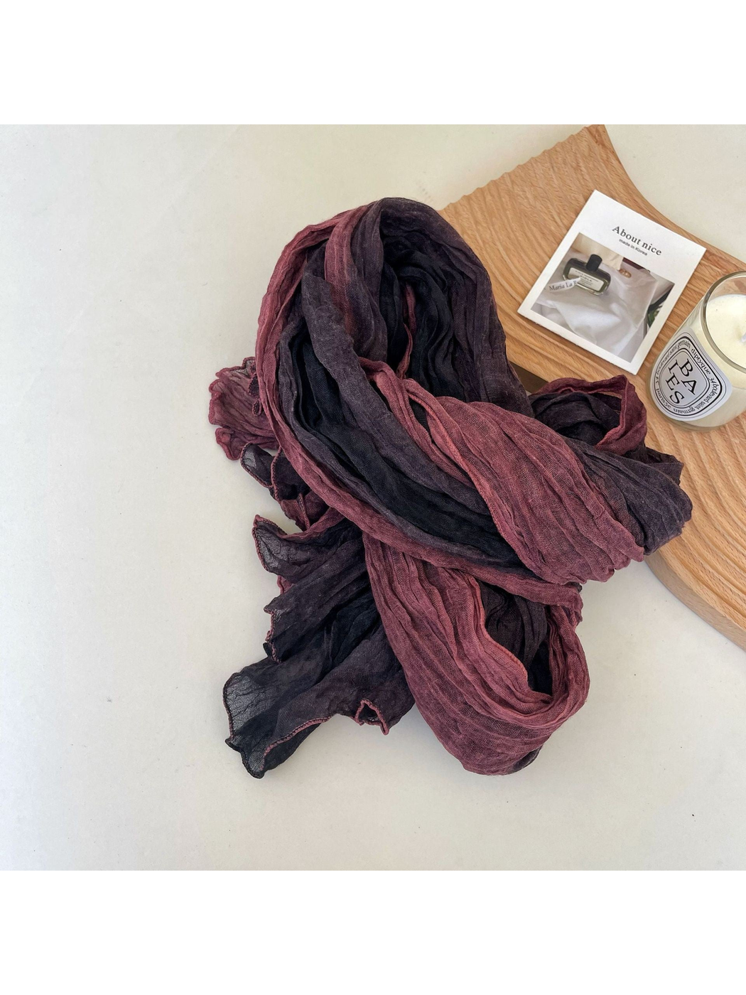 Crinkled scarf with burgundy, plum and deep purple color blocks