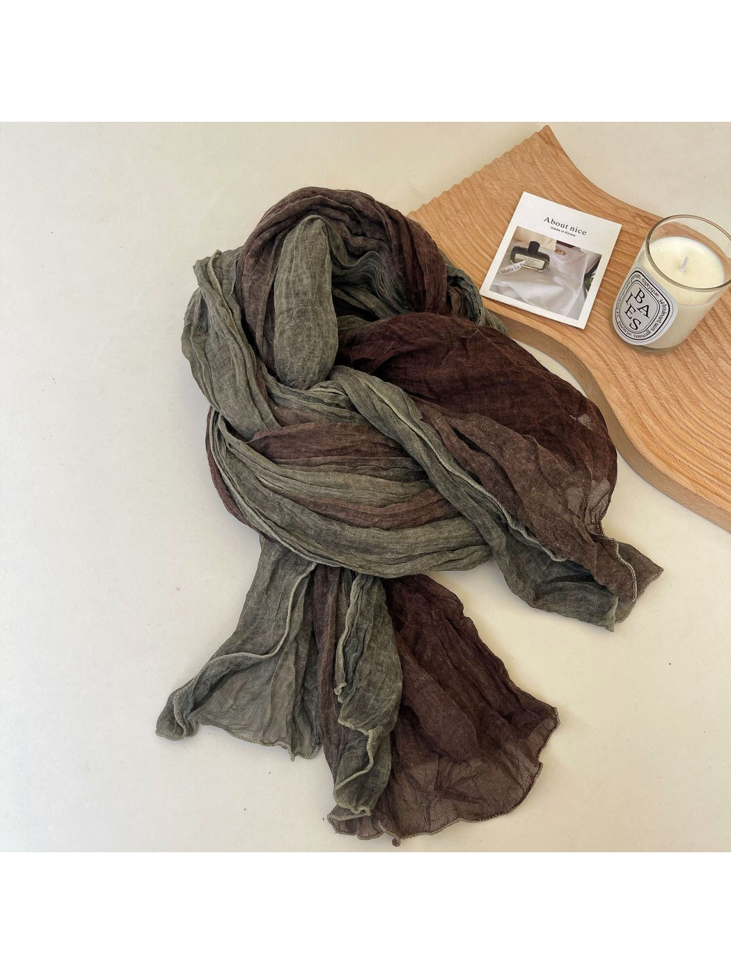 Crinkled scarf with muted olive, gray and brown color blocks