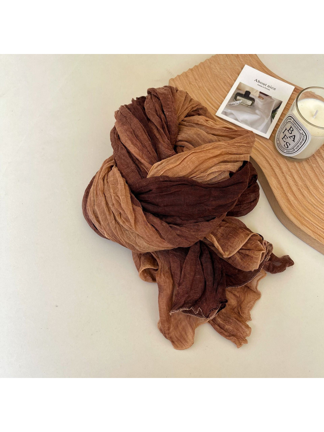 Crinkled scarf with warm tan, rust and dark brown color blocks
