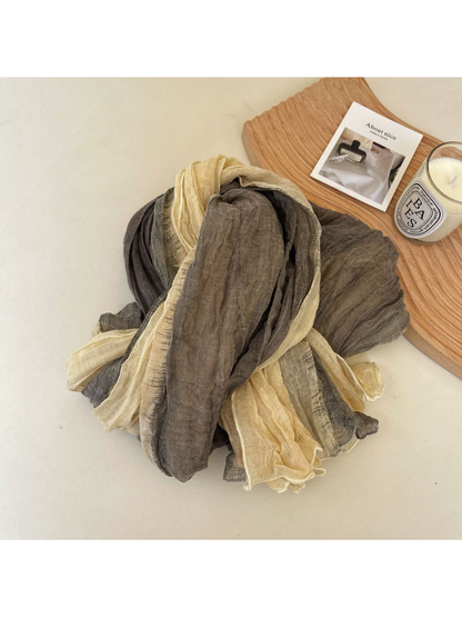 Crinkled scarf with cream, gray and taupe color blocks