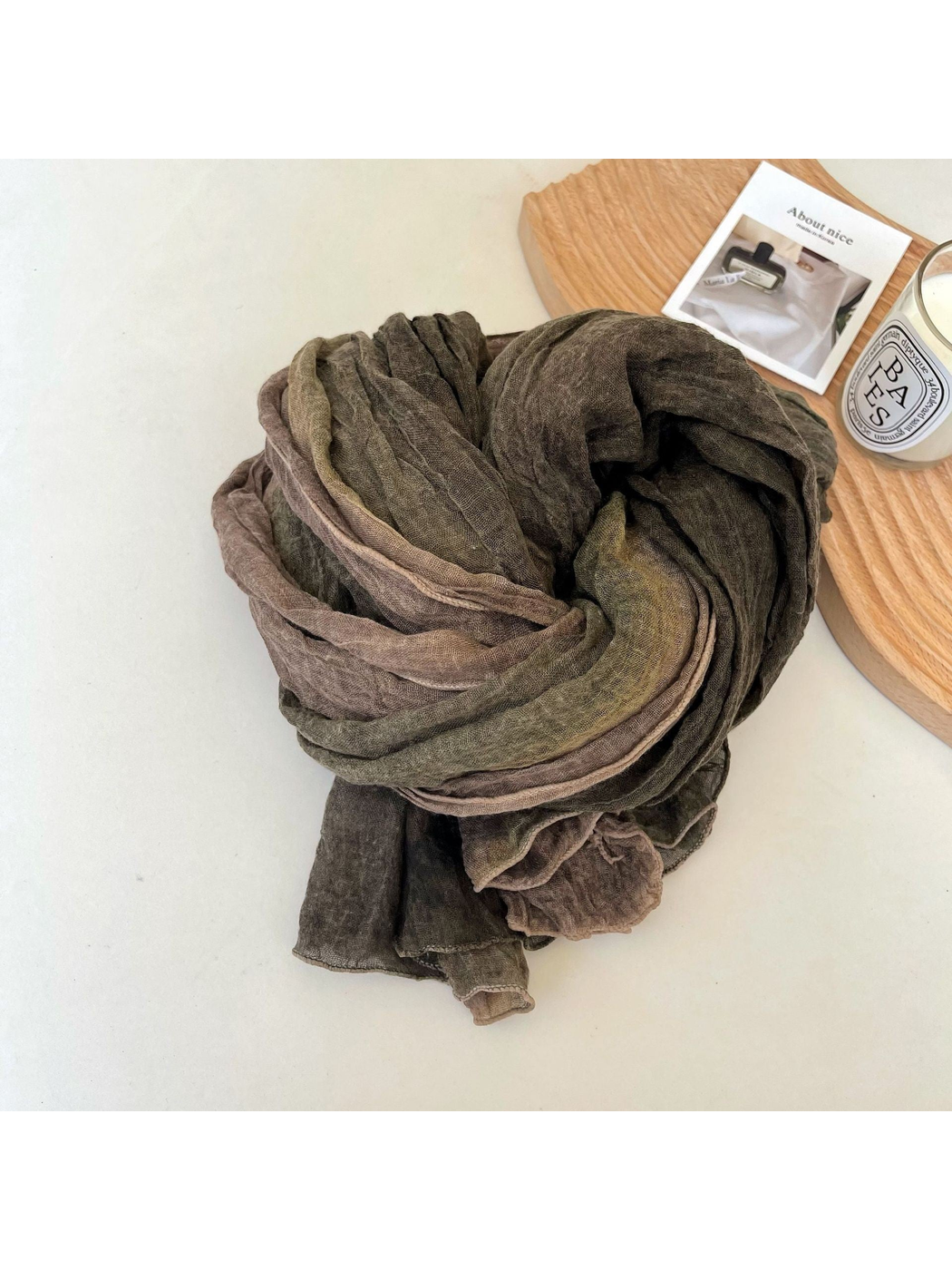 Crinkled scarf with muted taupe, olive and brown color blocks