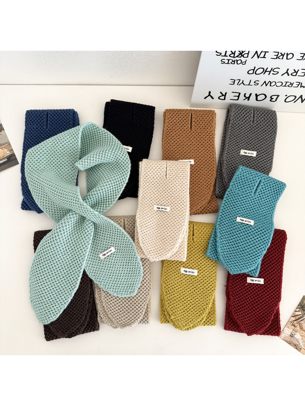 Pull-through scarves in multiple colors displayed together