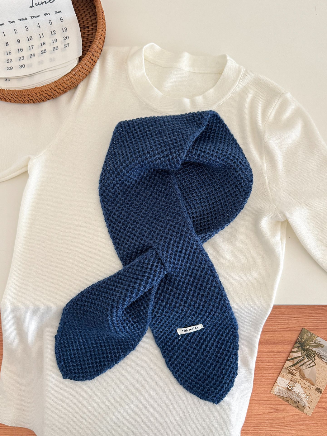 Navy textured pull-through scarf with rounded ends