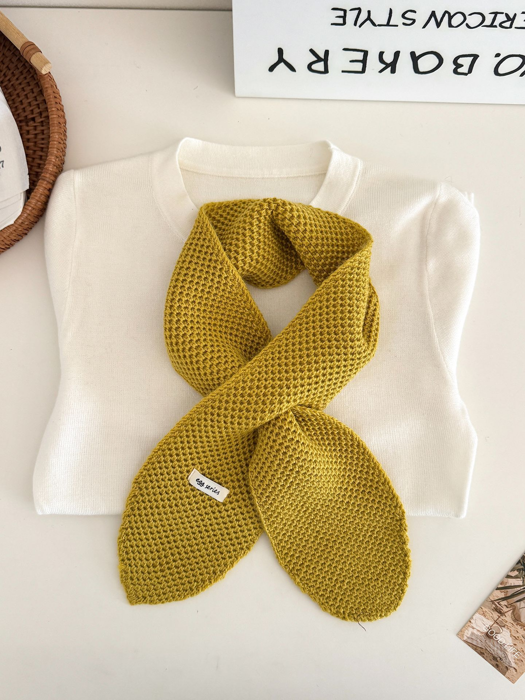 Mustard Yellow textured pull-through scarf with rounded ends