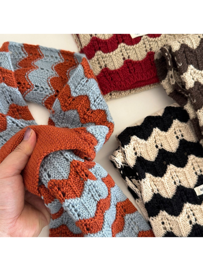 Close-up of the wavy openwork knit and wide pull-through loop