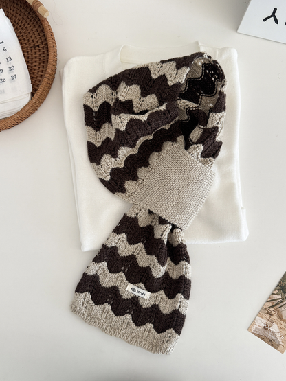 Khaki and brown wavy knit pull-through scarf displayed flat