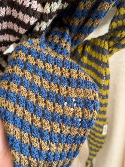 Close-up of Blue and Coffee striped openwork knit texture
