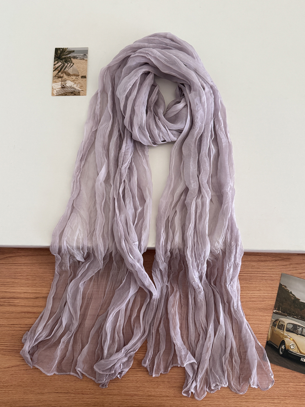 Light Purple crinkled scarf arranged in a long drape