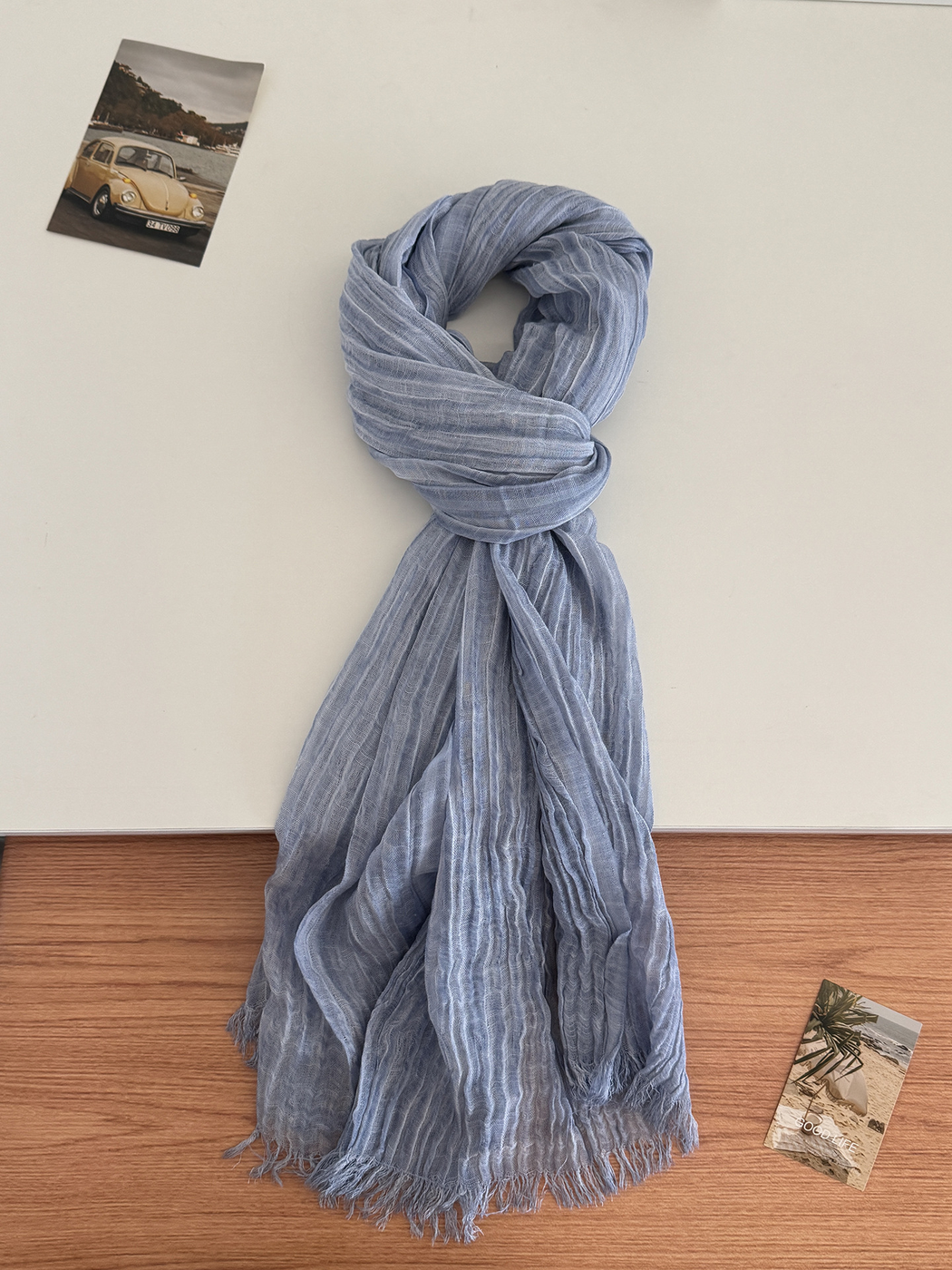 Gray Blue crinkled scarf with fringed ends, full view