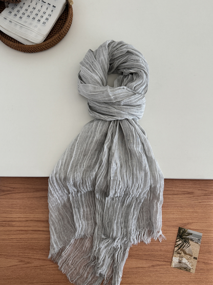 Light Gray crinkled scarf with fringed ends, full view