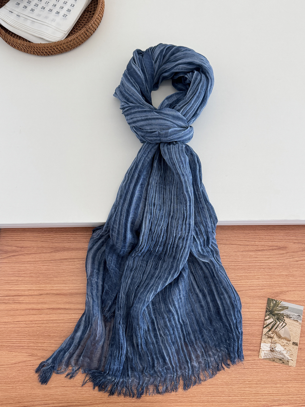 Navy crinkled scarf with fringed ends, full view