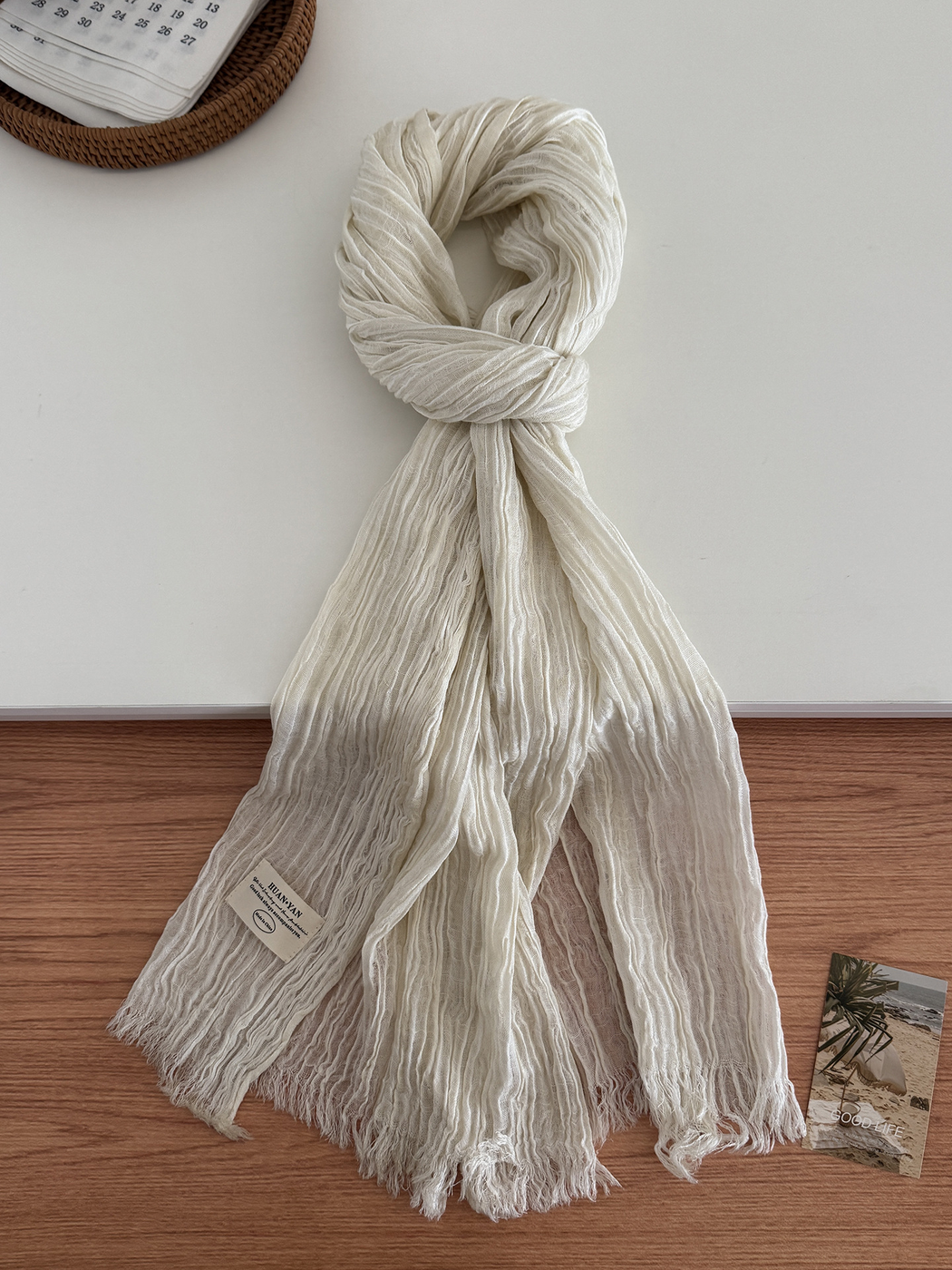 Cream crinkled scarf with fringed ends, full view