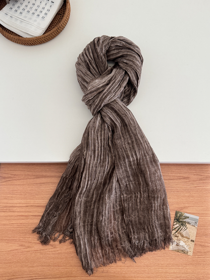 Dark Coffee crinkled scarf with fringed ends, full view