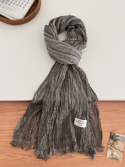 Greige crinkled scarf with fringed ends, full view