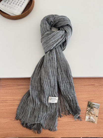 Dark Gray crinkled scarf with fringed ends, full view