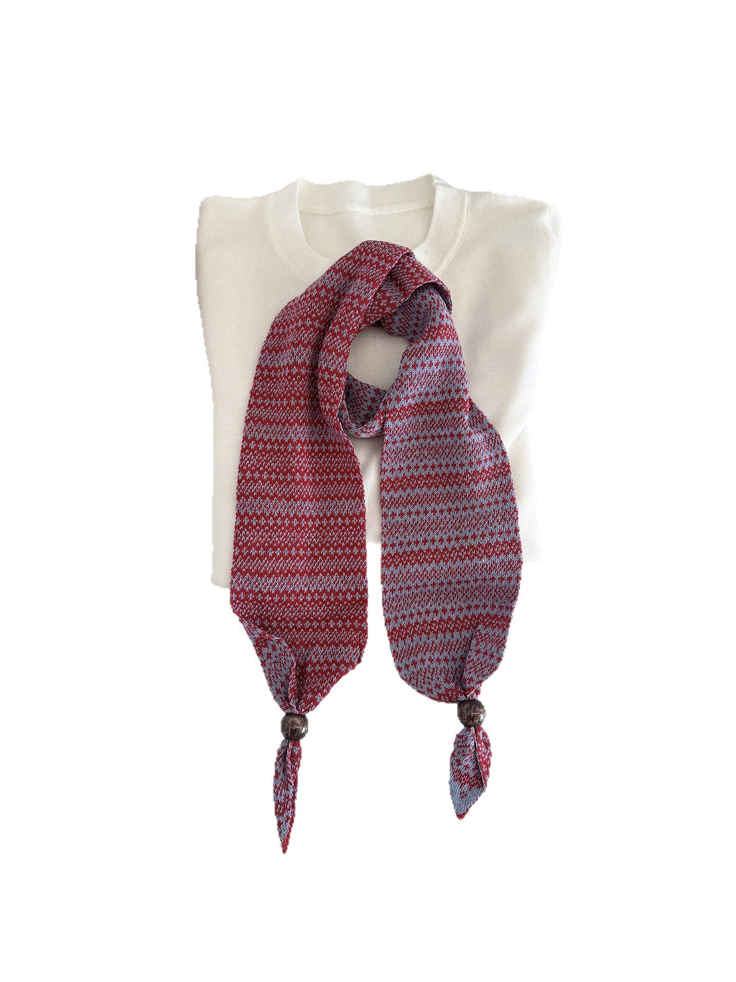 Red / Blue geometric-pattern narrow scarf with bead accents, flat display